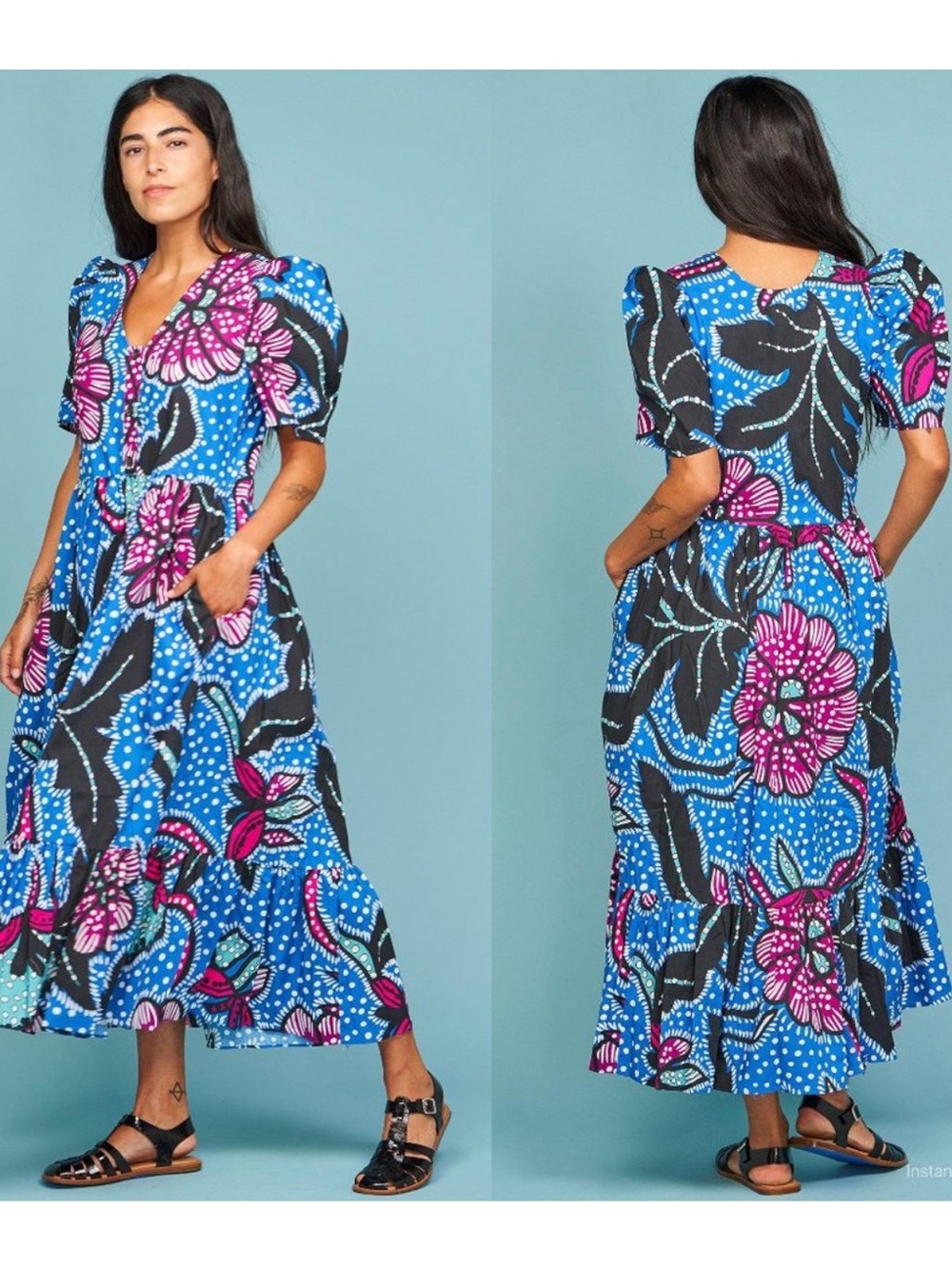 Rhode Nisha Blue Floral Midi Dress with Puff Sleeves M